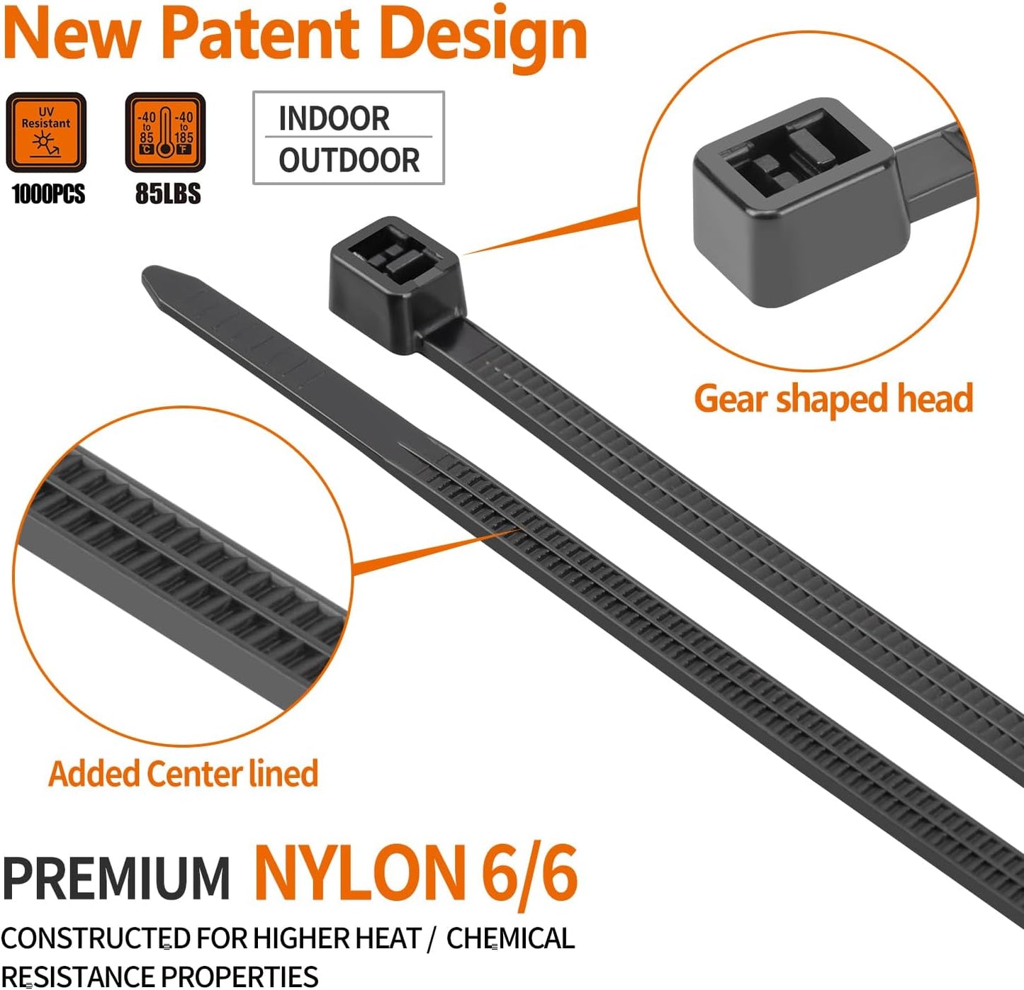 14 inch Black Zip Ties (1000 Pack), 2025 New Patented Design, 85 LBS Tensile Strength, Self-Locking Nylon PA66 UV Resistant Cable Ties for Indoor and Outdoor Use