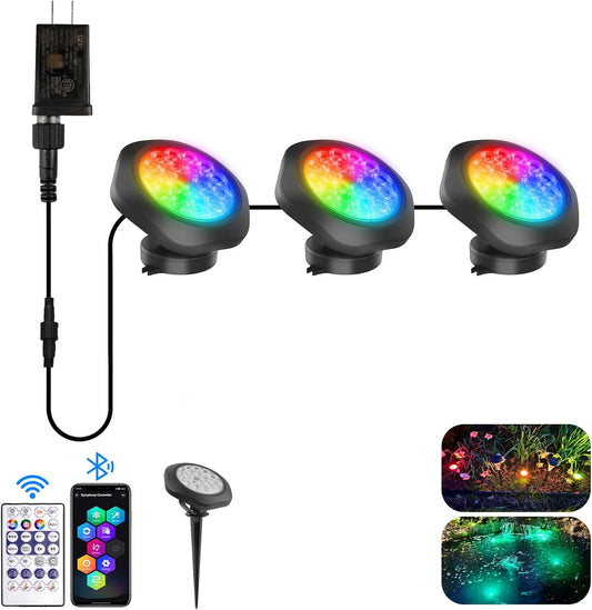 T-SUN Color Changing Submersible Pond Lights with APP and Remote Control, IP68 Waterproof Dimmable Timer Fountain Lights led Underwater for Koi Fish Tank Aquascape Waterfall Landscape(Set of 3)