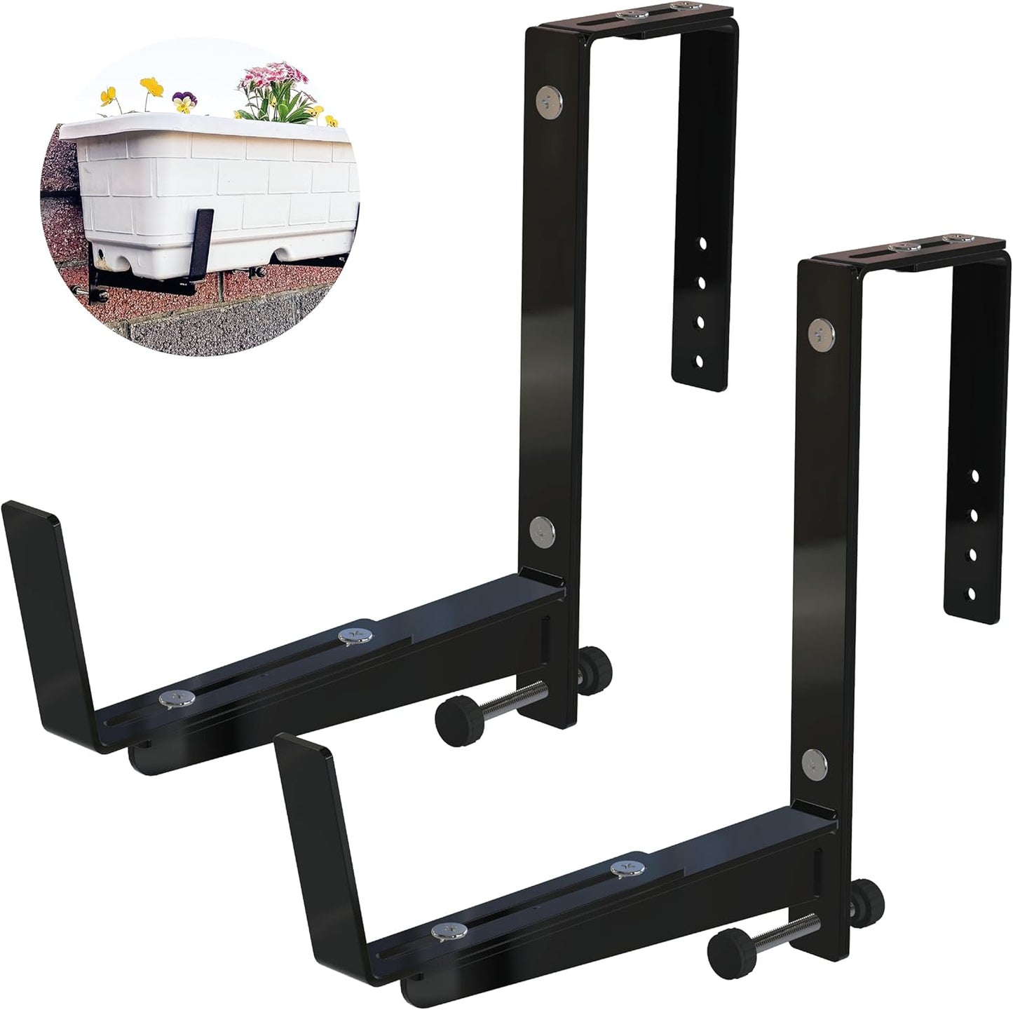 Window Box Brackets for Railing- 2 Pcs Adjustable Planter - Sturdy, Stable Flower Box Brackets for Railings, Balconies and Fences- Upright Railing Plant Holder (Black 2 Pack)