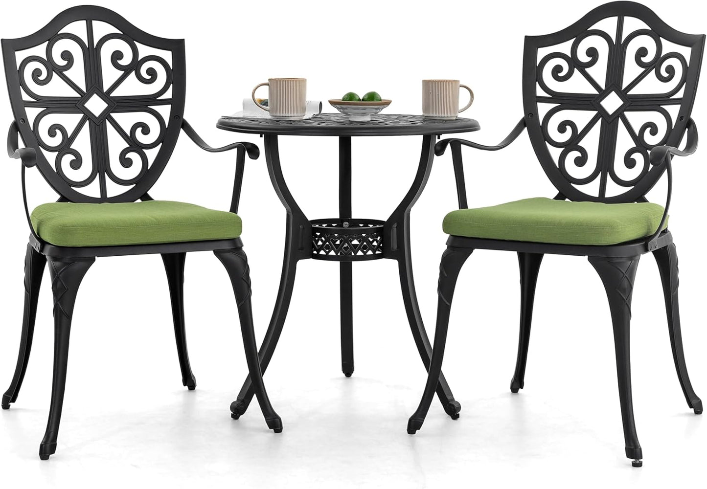 NUU GARDEN Outdoor 3-Piece Bistro Set with Cushions, Round 24 Inch Cast Aluminum Bistro Table with 2.17" Umbrella Hole, 2 Cast Aluminum Bistro Chairs, for Patio, Garden, Backyard and Balcony, Black