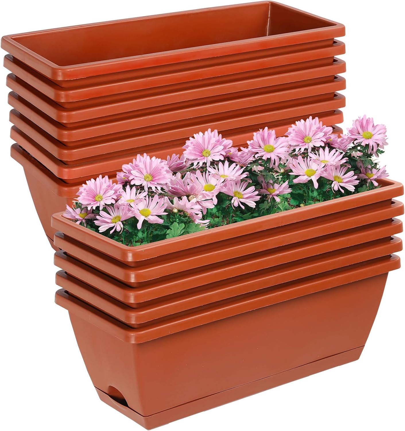 12Pcs 17Inches Rectangle Planter Box with Drainage Holes and Trays Plastic Planters Flower Boxes Pots for Indoor Outdoor Plants Patio Garden Home Decor Porch Yard (Red)