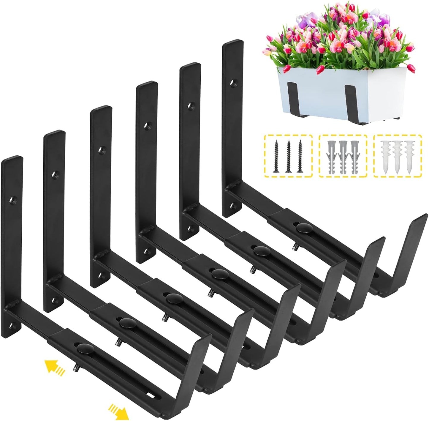 LukLoy Window Planter Box Brackets, 6 Pack Adjustable Heavy Duty Wall Mount Window Flower Boxes Outdoor with Bracket (6 to 12 in), with 70lbs Capacity, Black