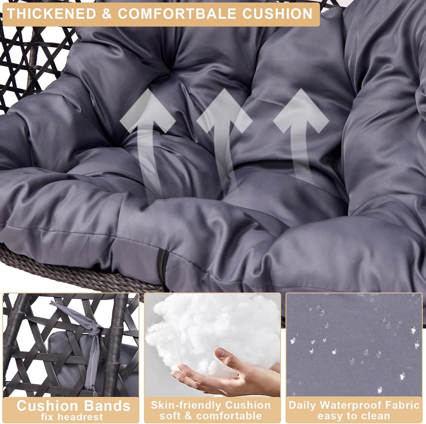 Double Hanging Swing Egg Chair with Stand, Hexagon Wicker Hammock Swing Chair for Outdoor Garden Patio, 2 Person Egg Chair with Foldable Loveseat Removable Cushions (Dark Grey)