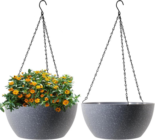 13 inch Large Hanging Planters Plant Pots for Outdoor Indoor Plants with Drainage Holes and Chain, 2 Pack Round Hanging Flower Pots for Garden Home Porch Decor, Speckled Grey