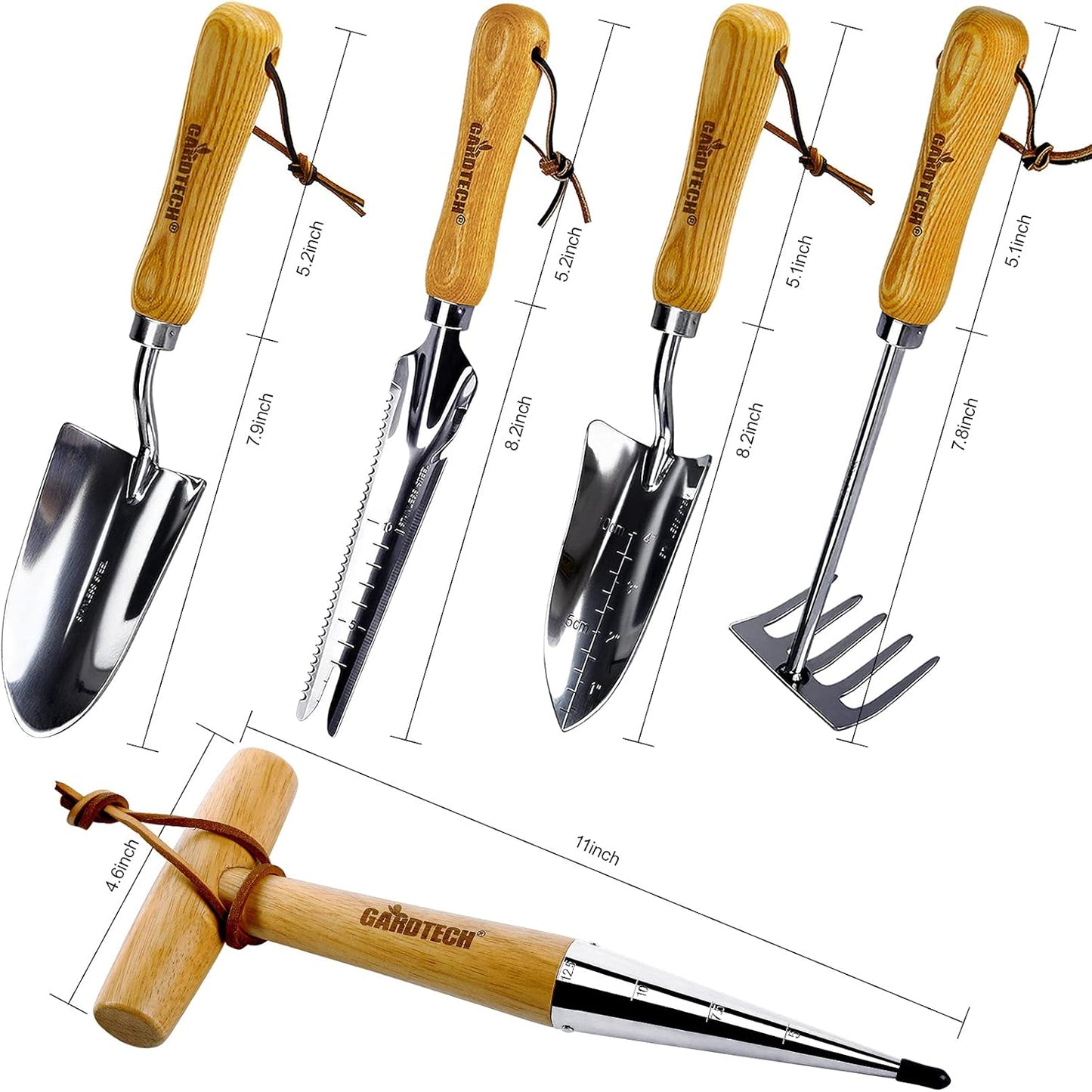 Gardtech Garden Tool Set, 5 Pcs Gardening Tool Set with Weeder Puller, Dibber, Transplanter, Big Trowel, 5-Claw Cultivator - Wooden Handle Heavy Duty Stainless Steel Gardening Hand Tools