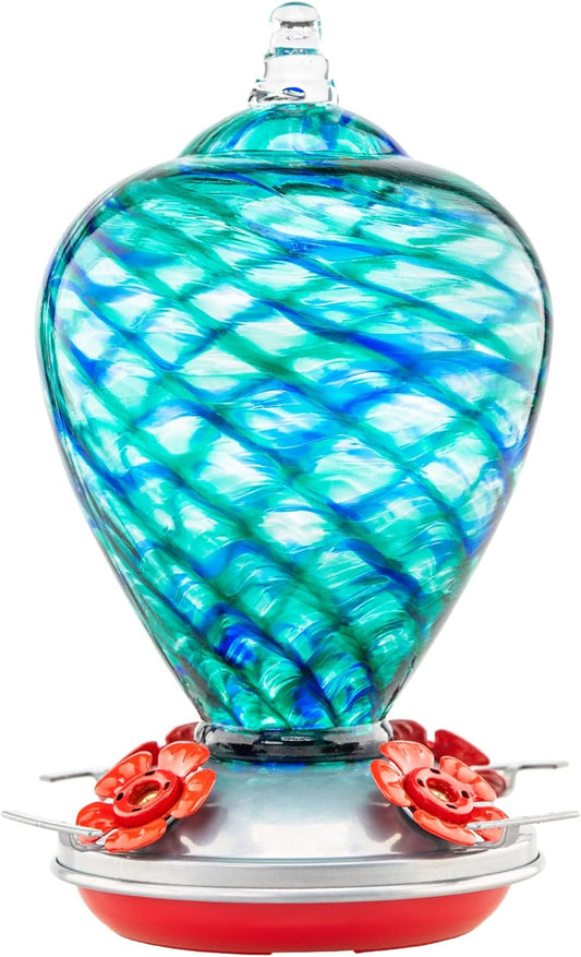Hummingbird Feeders, 34OZ Hand Blown Glass Hummingbird Feeder for Outdoors Hanging with Ant MoatHooks, Perfect for Gardening Yard Patio Decor Gifts (Blue Mermaid)
