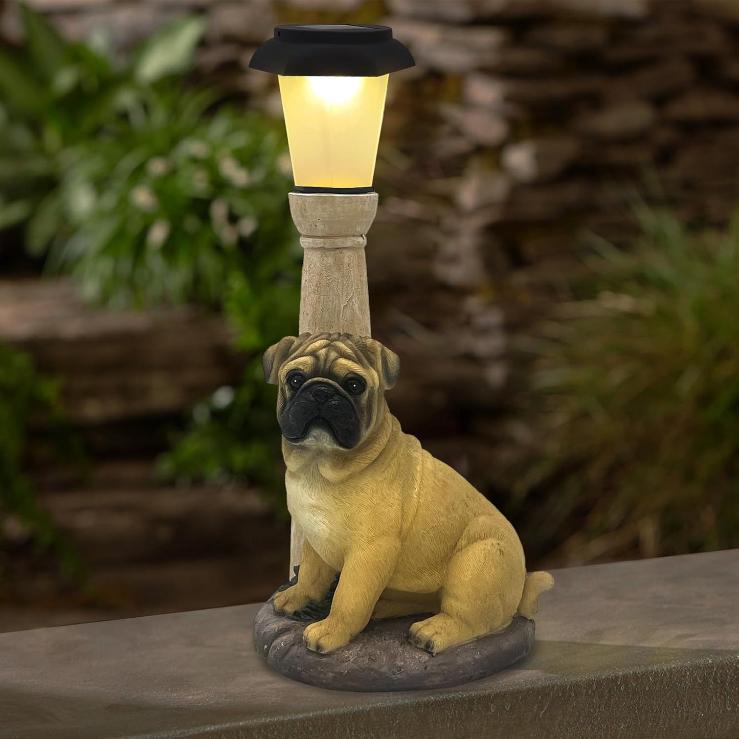 BAYN Solar Dog Garden Statues with Lantern, Resin Pug Dog Sculpture with Warm White Light for Outside Lawn Porch Patio