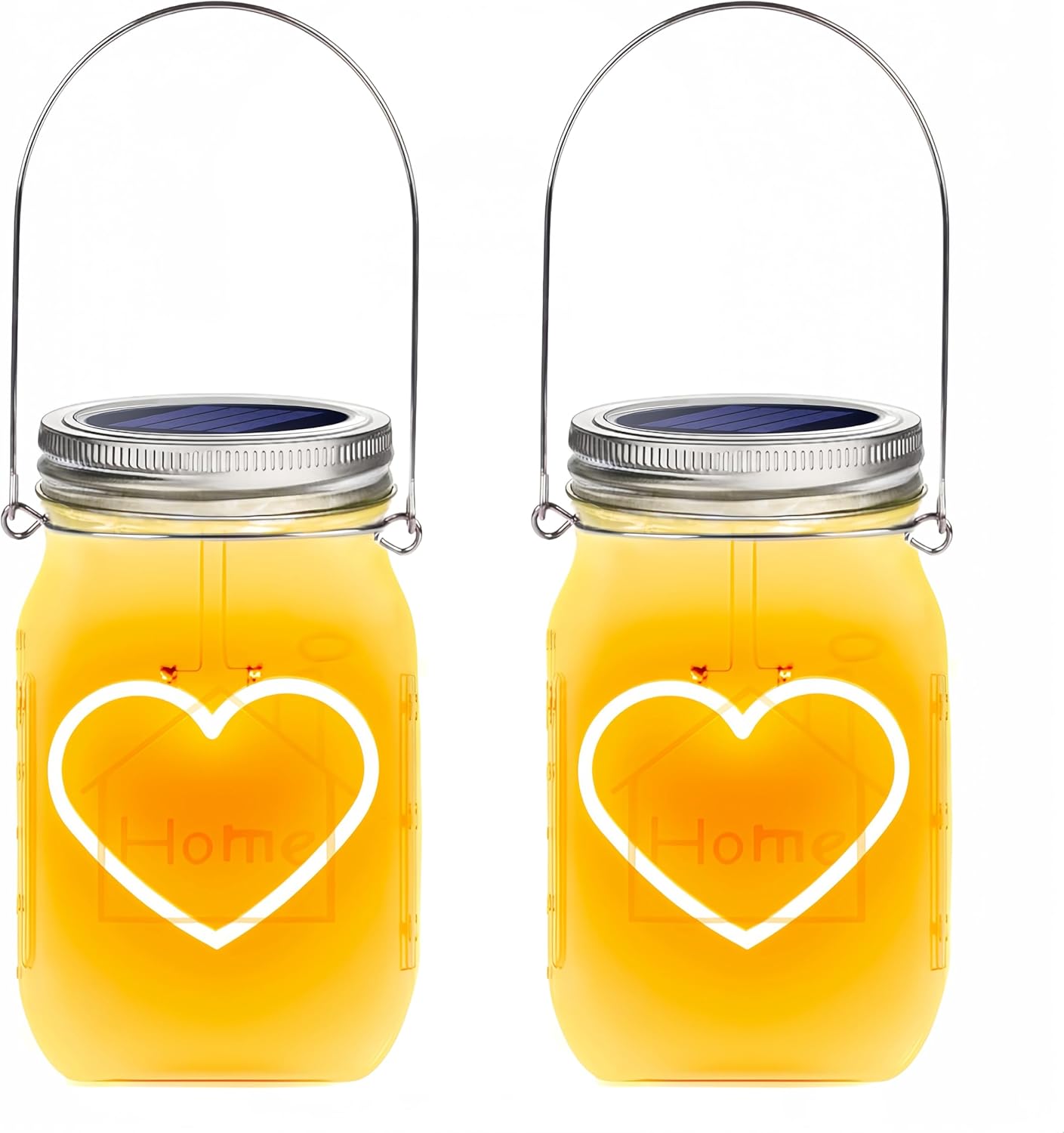 Hanging Solar Mason Jar Lights, 2 Pack Warm Heart Shape Led Lights, Solar Powered Lanterns Outdoor Waterproof, Hangers and Jars Included, Gift for Lover, Home Party Wedding Garden Patio Decor (2)