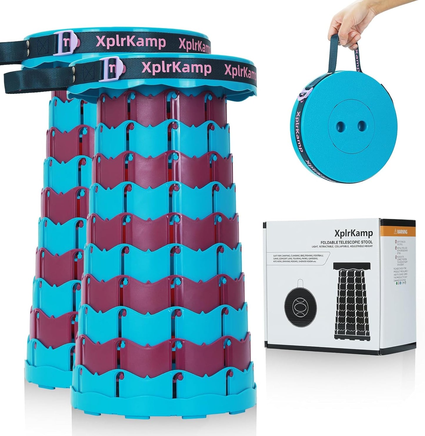 Retractable Folding Stool - Heavy Duty 400 lb Collapsible Portable Stool for Camping, Hiking, Fishing, Indoor/Outdoor with Non-Slip Base and Lightweight Design (Blue Purple, 2-Pack)