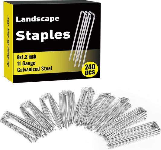HongWay 240 Pack 6 Inch Landscape Staples, Garden Staples Galvanized Landscaping Fabric SOD Pins Heavy Duty 11 Gauge Yard Ground Stakes for Gardening Plant Cover, Turf, Lawn, Fence, Tent