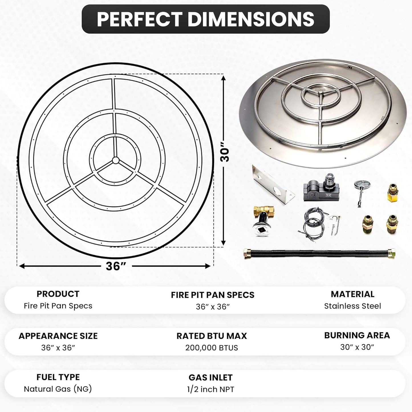 Stainless Steel Fire Pit Burner Pan & Ring Standard Kit with Spark Ignition for Natural Gas, 36-Inch Pan, 30-Inch Ring, 200,000 BTU Max