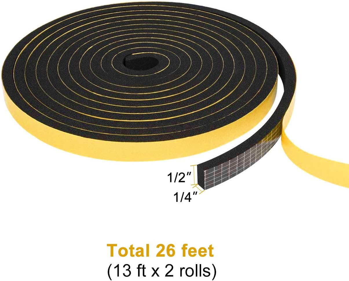 TORRAMI Weather Stripping for Windows 1/2 inch W x 1/4 inch T x 13 Ft Length,Foam Sealing Insulation Tape Weather Strip (Total 26 Ft Length, 2 Rolls of 13 Ft Each)