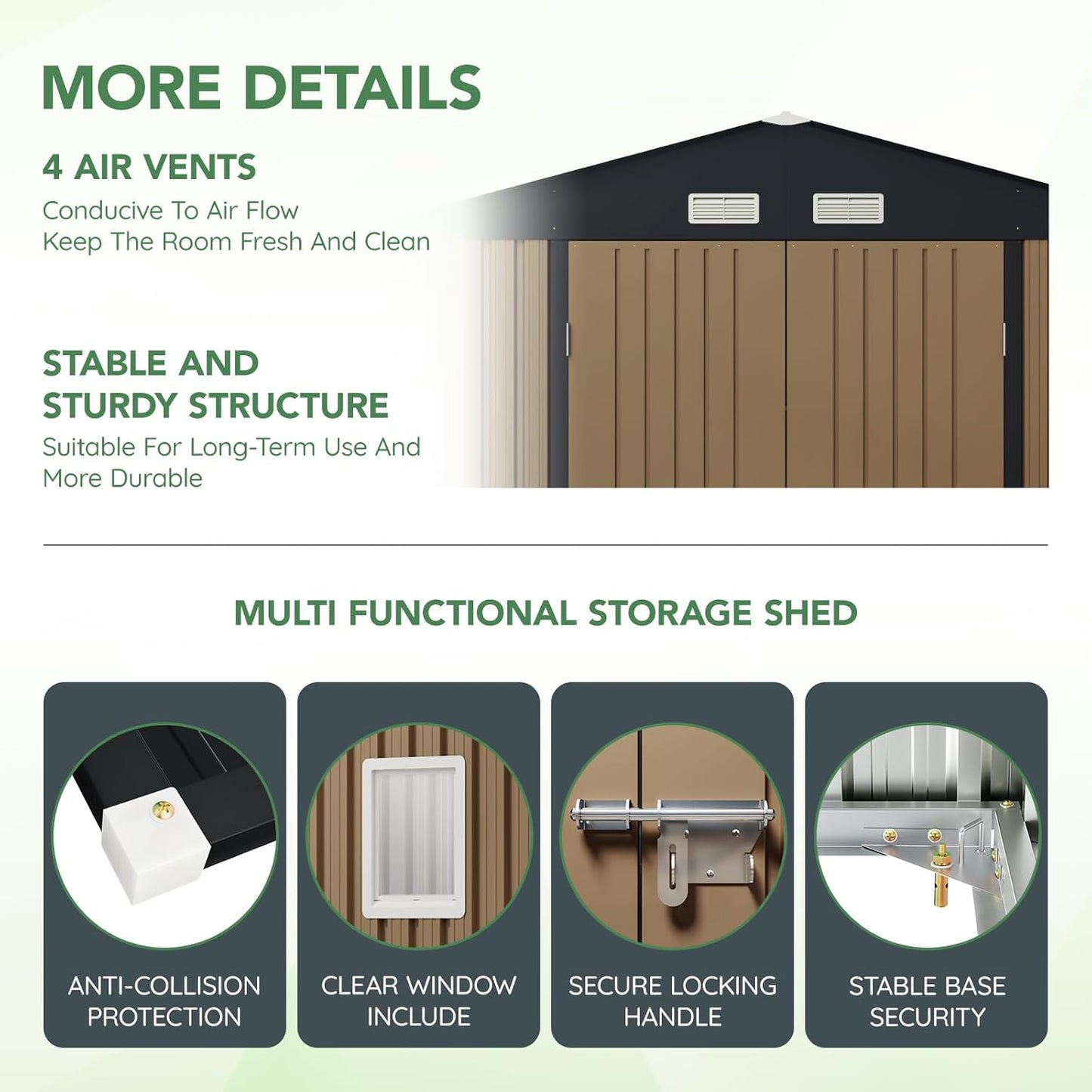 10X10X7.5 FT Outdoor Steel Storage Shed with Lockable Doors, 2 Windows, Frame Floor (No Wood/Other Boards), Ideal for Garden, Backyard, Patio Storage,Brown