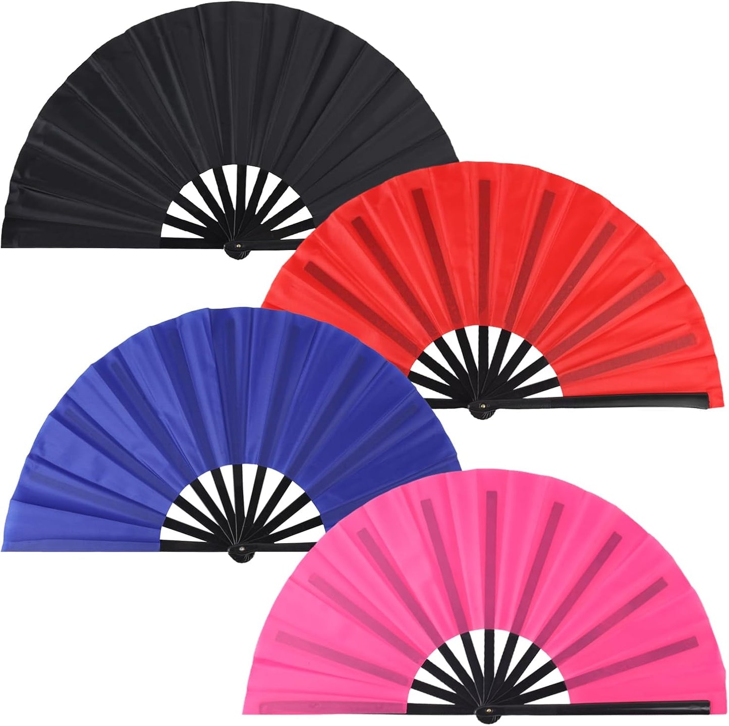 4 Pack Large Folding Hand Fan, Plastic Hand Held Folding Fans Chinese Kung Fu Hand Fan Decorative Folding Fans for Dance, Performance, Festival or Home Decorations(Black, Red, Blue, Pink)