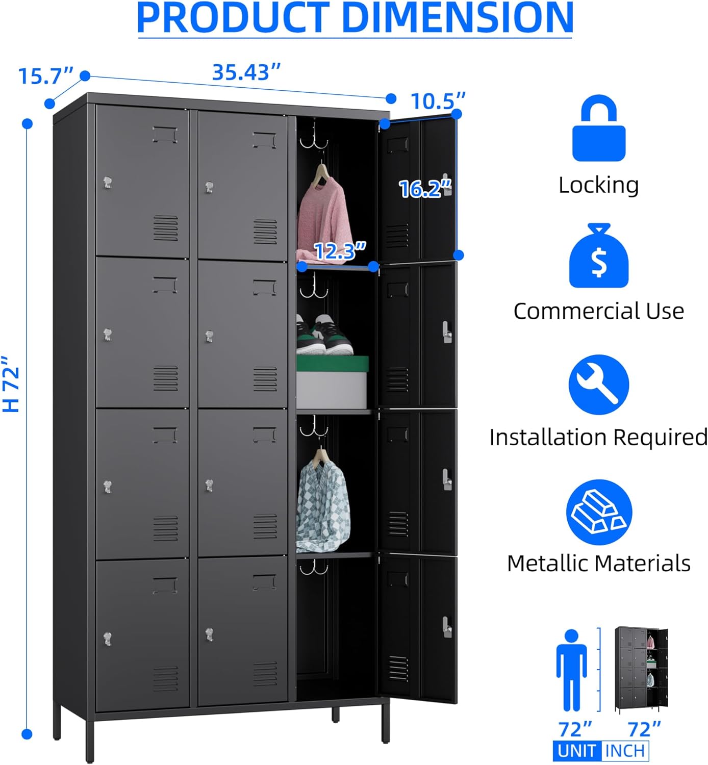 12 Doors Metal Locker for Employees with Business Card Holder,Metal Locker with 12 Hooks and Ventilation Holes for School Garage Office Gym Home,Assembly Required,Black