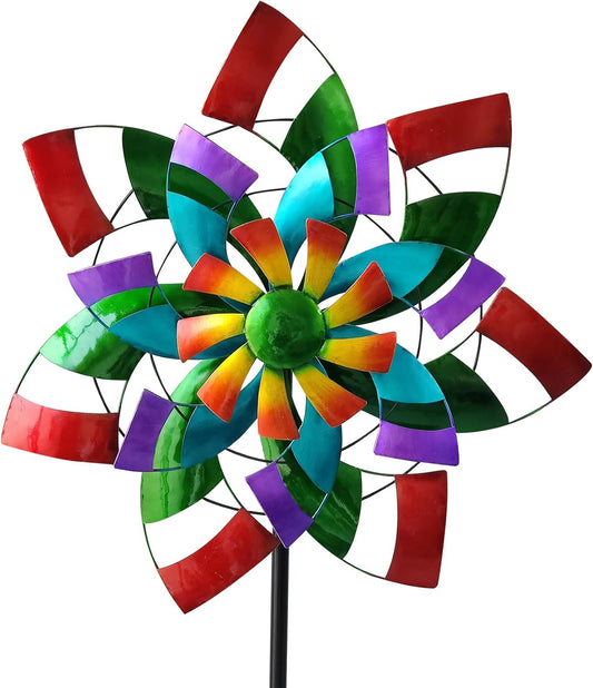 24" Dia Large Wind Spinner, Colorful Metal Wind Sculptures 83.5" Height Heavy Kinetic Windmill with 5 Prong Stake for Outdoor Patio, Yard and Garden, Ideal Gift for Family Friend