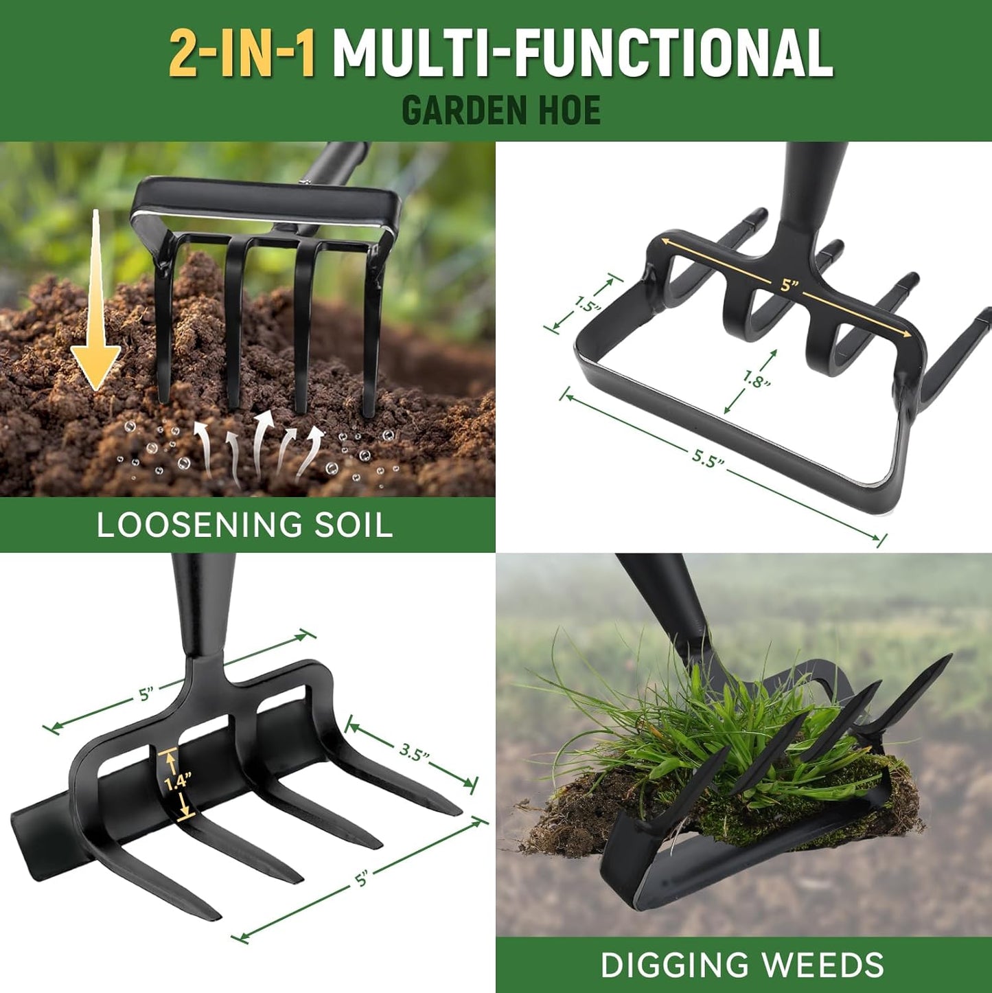 Stirrup Hoe, Heavy Duty Hula Hoe with 32-72" Adjustable Long Handle, 2 in 1 Action Hoe with Cultivator Rake, Scuffle Hoe, Hula Hoe Garden Tool for Weeding Grass, Loosening Soil, Sharp Blade, Black