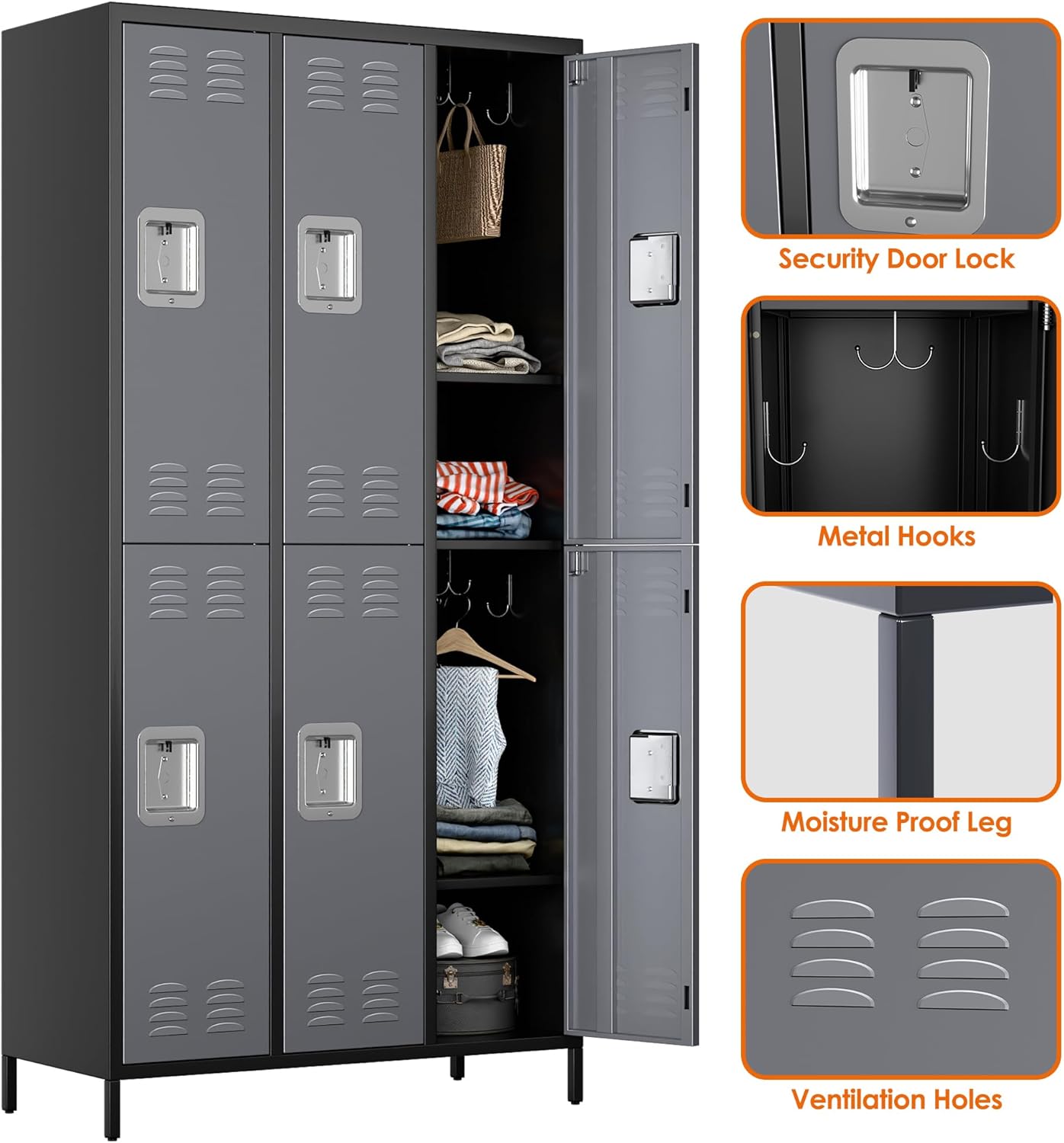 6 Doors Metal Lockers for Employees with 18 Hooks for Offices School Gyms Home,Assembly Required,Black and Dark Gray