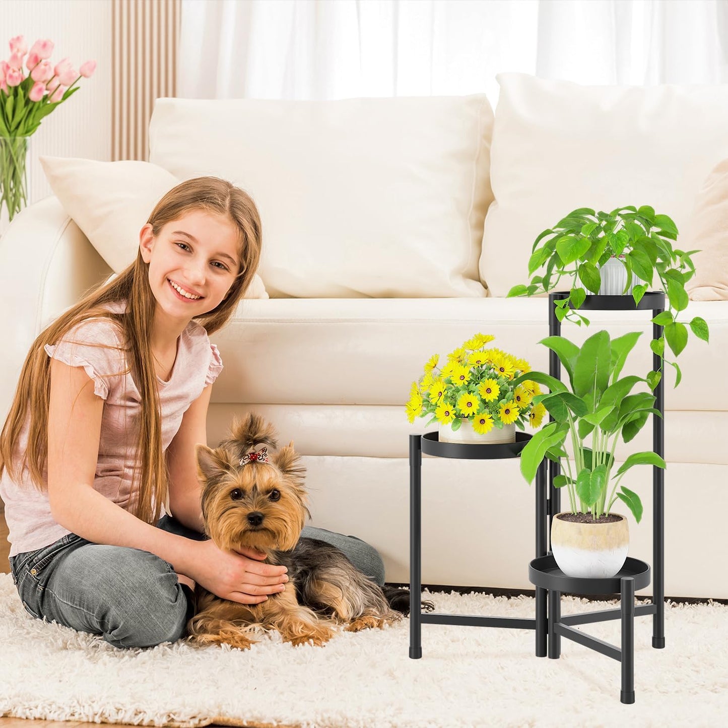 iDavosic.ly Plant Stand Indoor Outdoor, 3 Tier Corner Metal Flower Display Holder Shelf, Folding Tall Orchid Rack for Patio Balcony Porch Garden Living Room House, Black