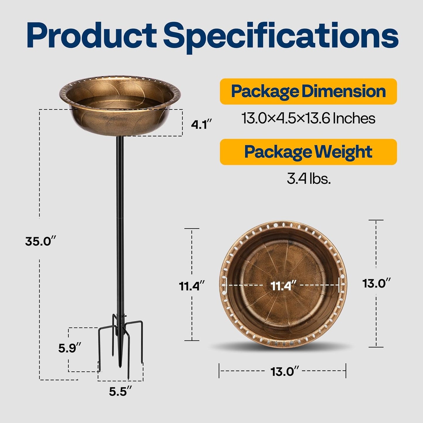 VIVOHOME Polyresin Bird Bath Bowl with Metal Stake, 29 Inch Height Outdoor Freestanding Birdfeeder, Capacity 1.4 Gallons, 5-Pronged Base, Copper