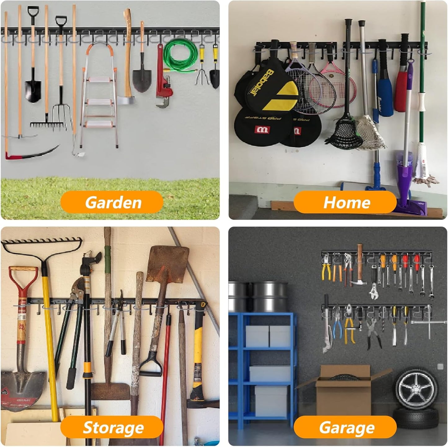 WellMade 64'' Adjustable Garden Tool Organizer, Garage Storage System with Hooks, Wall Mount Tool Organization Rack, Black