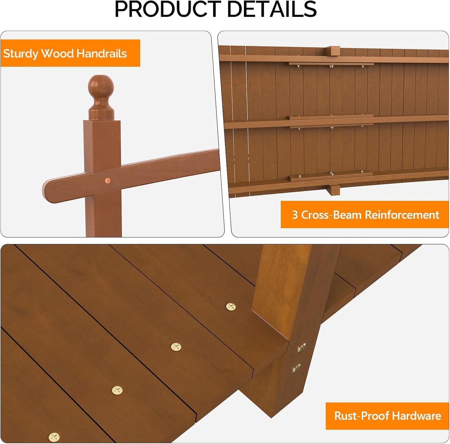 VINGLI Garden Bridge, Classic Wooden Arch with Safety Rails Footbridge (Brown, 7.5 ft)