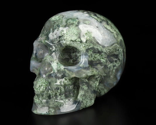 Skullis 2.0” Green Moss Agate Crystal Skull, Hand Carved Gemstone Fine Art Sculpture, Reiki Healing Stone Statue.