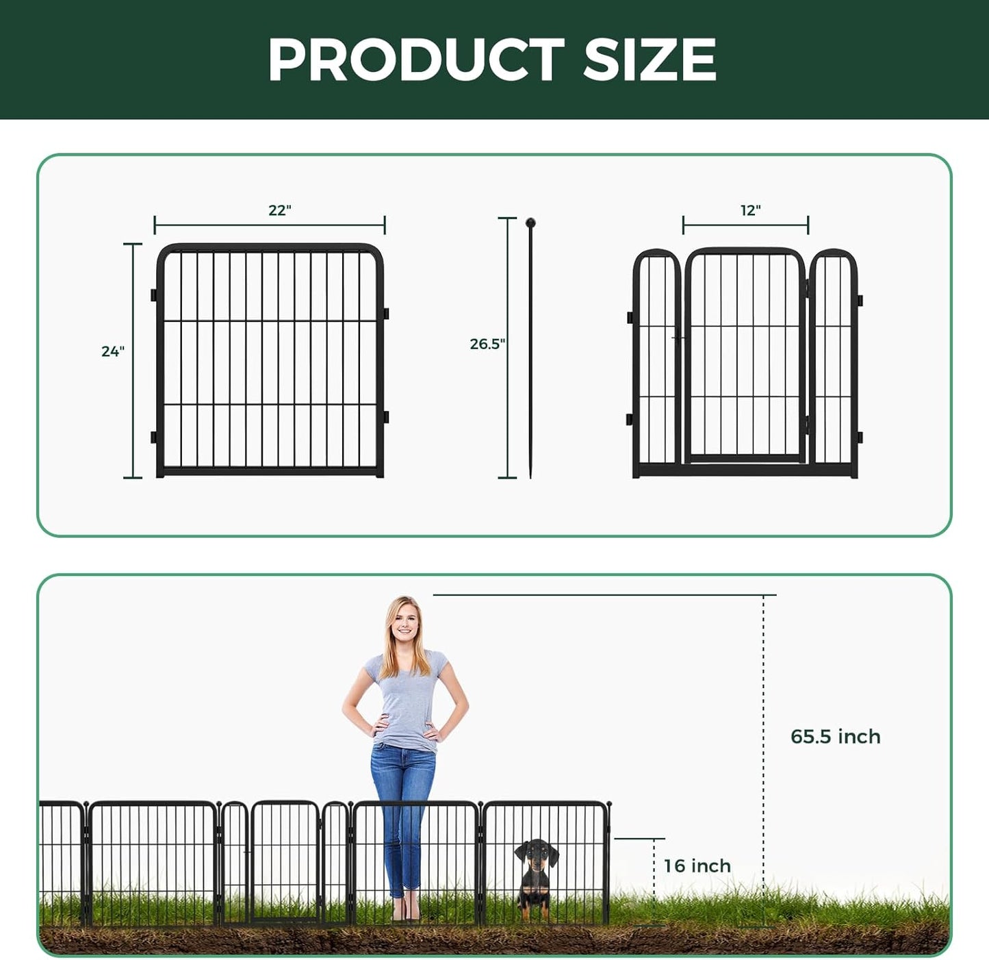 FXW Garden Fence Outdoor for The Yard – 24in(H) x 11.4ft(L) Heavy Duty Metal Animal Barrier for Dog and Rabbit, Decorative Dog Fence, 6 Panels, Black