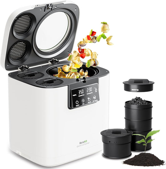 Electric Composter for Kitchen, Smart Compost Bin with Viewing Window Indoor Outdoor/Odorless/Low Noise/Auto-Cleaning, Compost Machine, Turn Food Waste into Fertilizer for Garden, Gift
