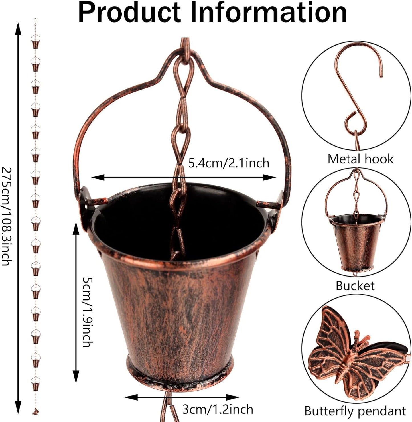 Rain Chain for Outside with Adapter,Wrought Iron Rain Chains 9 FT Set,Rain Chains Gutter with Brown Rain Chain 16 Cup and Decorative Hangers