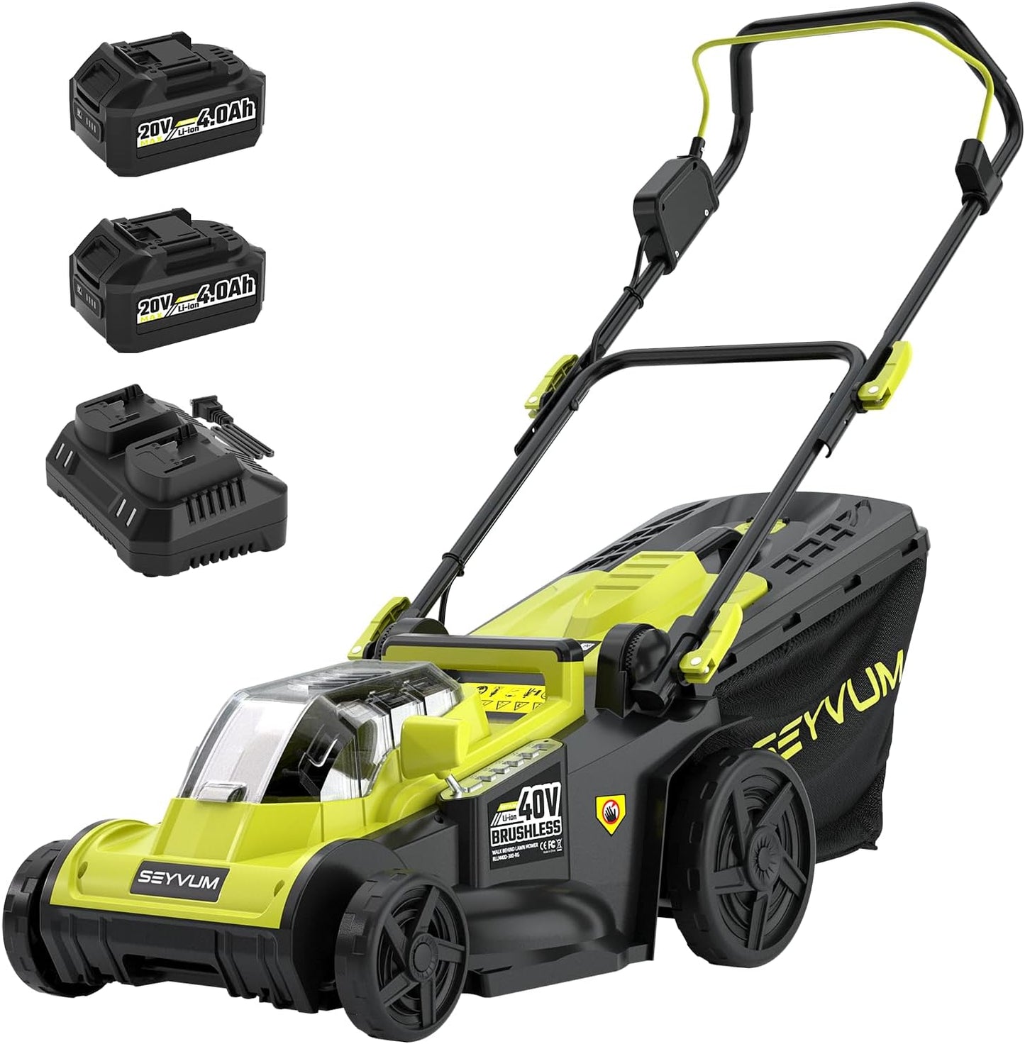 SEYVUM 40V 16-inch Cordless Lawn Mower with 45L Grass Collection Bag, 6 Position Height Adjustment Electric Lawn Mower, 2 x 20V 4.0Ah Battery Powered Push Lawnmower, 2.4A Fast Charger