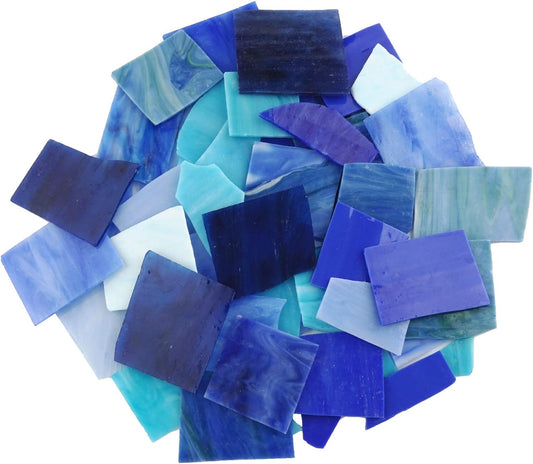Lanyani Blue Mixed Stained Glass Scrap Pieces Sheets, Glass Mosaic Tiles for Crafts, 35oz Value Pack,Assorted Colors and Textures