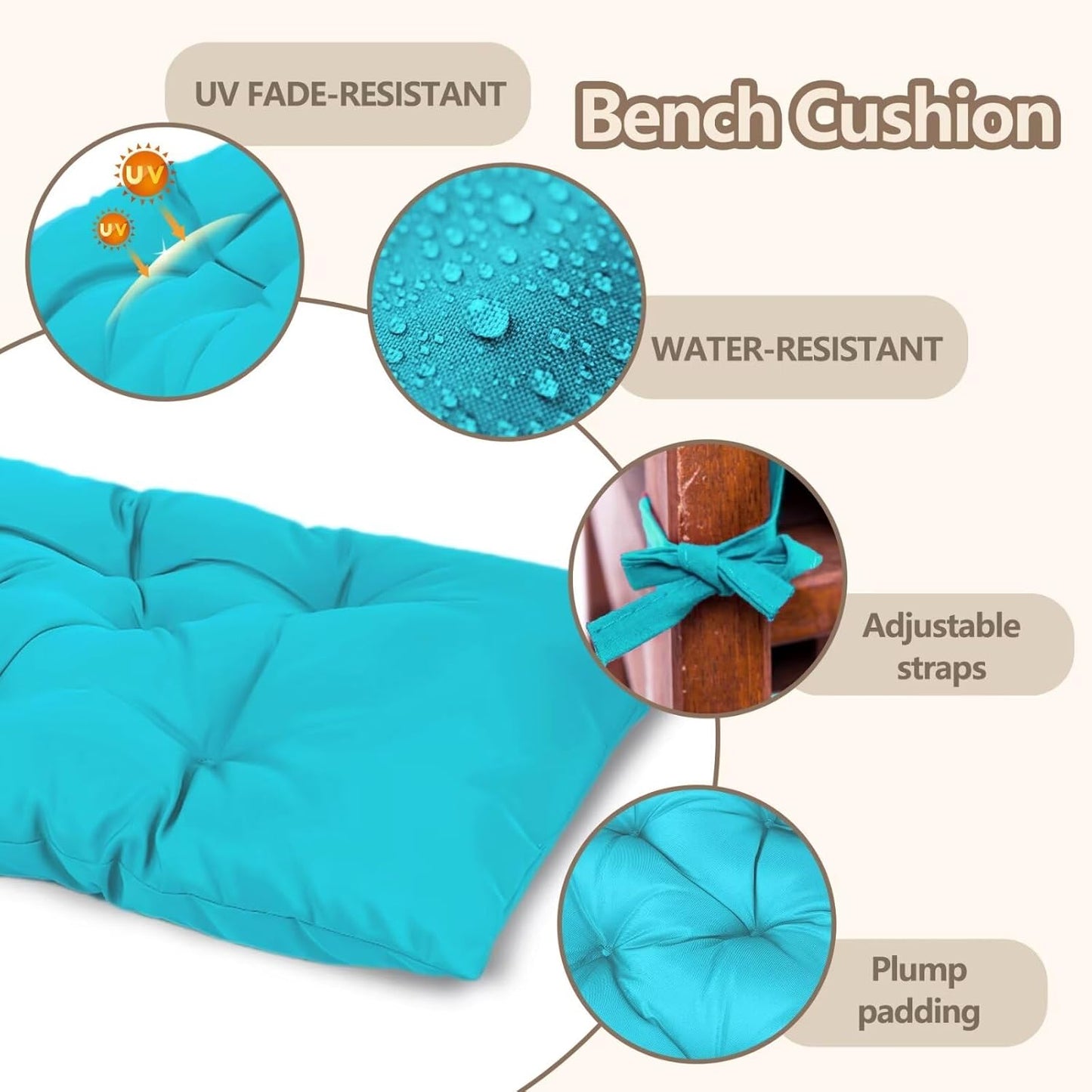 47.3 in Waterproof Indoor/Outdoor Garden Bench Seat Cushions，Thicken Patio Bench Soft Rocking Chairs Pad Lounger Seat for Wicker Loveseat Settee（47.3 X 19.6 X 3.9 in Turquoise）