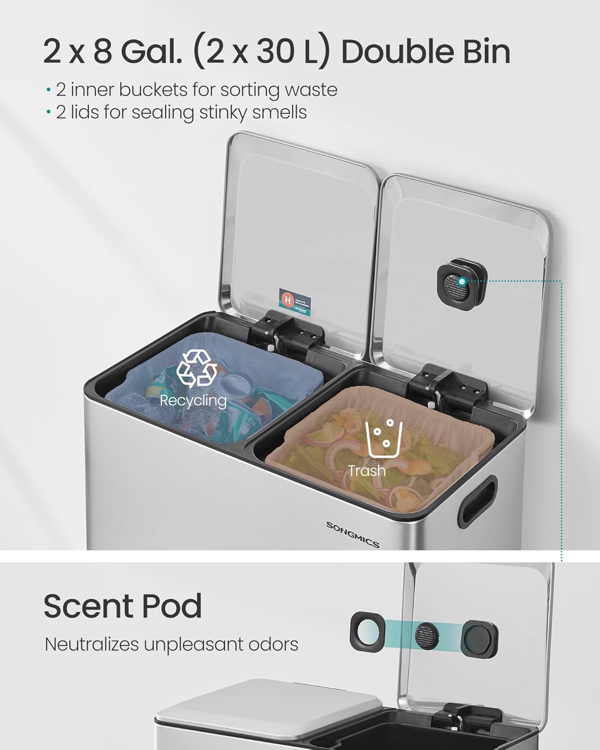 SONGMICS Trash Can, 2 x 8 Gallon (2 x 30 L) Double Garbage Can with Soft-Close Lids, Removable Inner Buckets, Pedals, Stainless Steel, for Waste and Recycling, Metallic Silver ULTB743E01