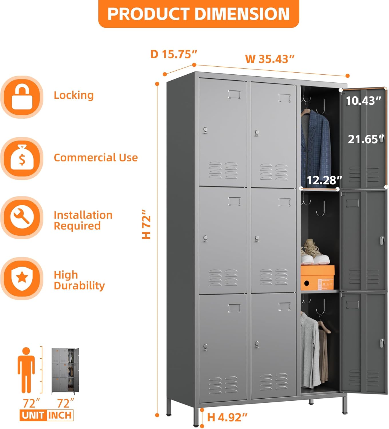 9 Doors Metal Storage Lockers for Employees with 27 Hooks,72" H Employee Lockers with Business Card Holder for Offices School Gyms Home,Assembly Required,Dark Gray