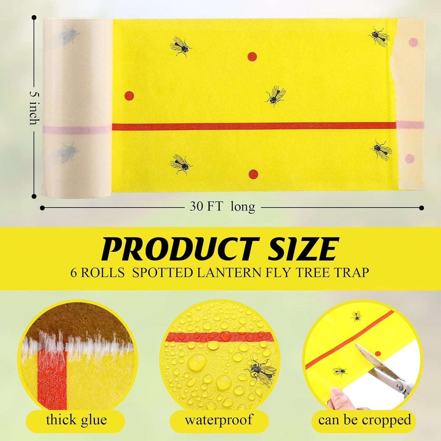 Qualirey 6 Rolls Spotted Lantern Fly Traps 30 Feet Each Roll Fly Tree Trap Sticky Strips Outdoor Fruit Glue Strips Disposable Tape Indoor Paper Sheets for Protecting Trees (Yellow)
