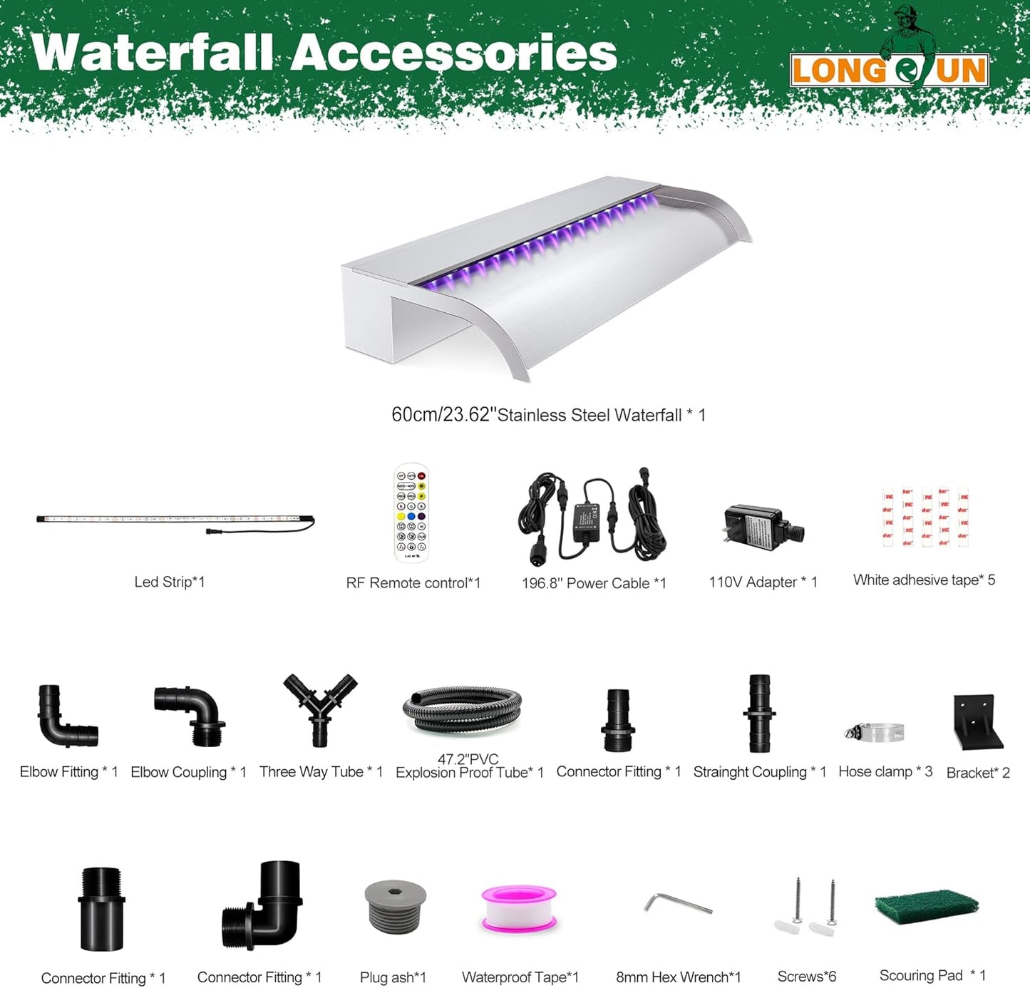 Waterfall Pool Fountain, LONGRUN Stainless Steel Waterfall Spillway for Pools and Ponds - 23.6" Wide Decorative Water Feature for Swimming Pools, Koi Ponds, and Garden