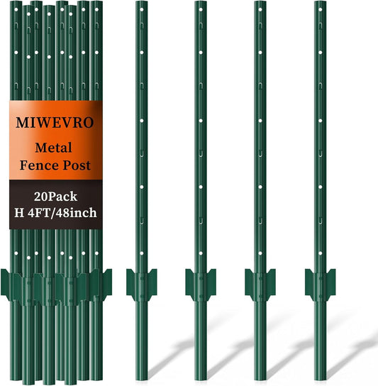 20 Pack Garden Fence Post, 4 Feet Heavy Duty Metal U-Post for Wire Fence, No Dig Garden Fence Stakes for Temporary Fencing, Electric Fence Wire, Corner Anchor, and More-Green