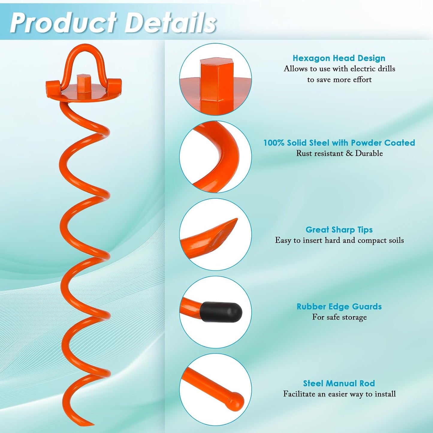 FEED GARDEN 16 Inch Spiral Ground Anchors Heavy Duty Screw in Spiral Stakes, 4 Pack Folding Ring Ground Stakes for Securing Dogs,Tents, Trampolines, Canopies, Swing Sets, Orange