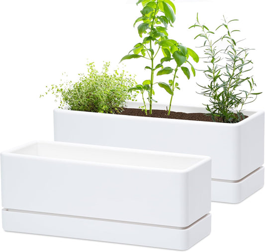 D'vine Dev 12 Inch Window Box Planter, Rectangle Plastic Herb Planter with Drainage Holes and Saucer, Indoor Succulent Cactus Vegetable Pot for Windowsill, Garden Balcony, White, Set of 2, 76-X-A-2