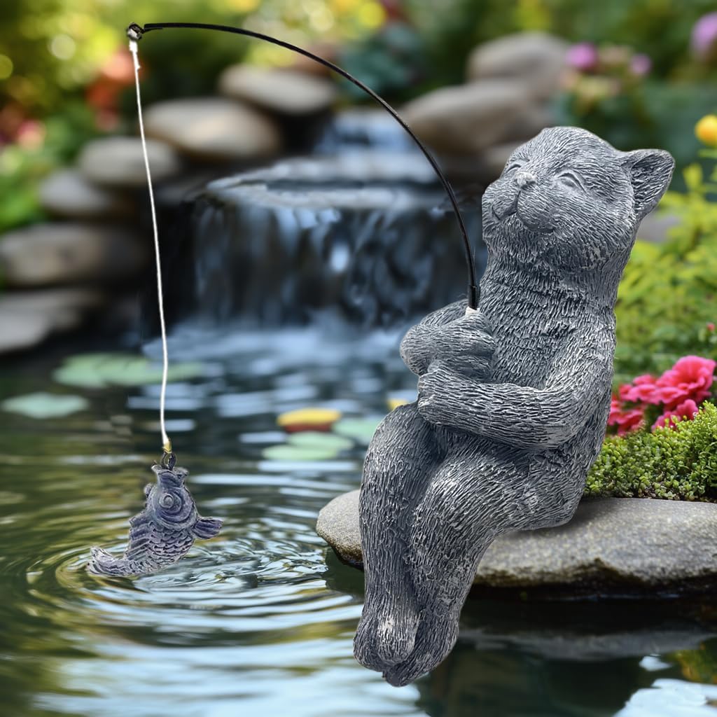 Cat Fishing Statue Garden Decor – 9.8" Weatherproof Resin Cat Fishing Sculpture Decor for Fish Ponds, Koi Ponds, Waterfalls, Poolside & Outdoor Gardens– Resin Figurine for Indoor & Outdoor Décor