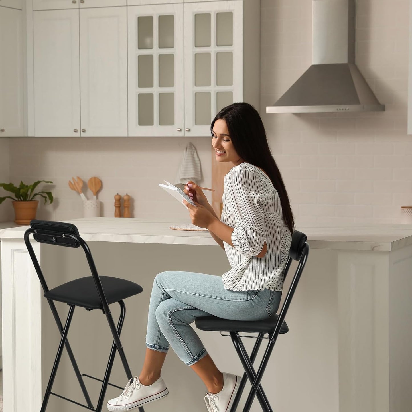 Thyle 1 Pcs Folding Bar Stool with Backrest, Tall Foldable Stool Chair Portable High Folding Bar Chair Counter Height Seat Leather Padded for Kitchen Island Shop Cafe Dining Room Black (25.5 Inch)