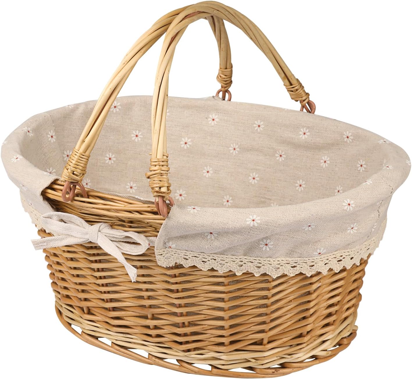 Large Multipurpose Wicker Basket with Handle, 14.2 x 11 x 6.7 in Wicker Picnic Basket with Liner, Empty Gift Basket, Oval Willow Woven Basket for Fruit, Wine, Gathering, Wedding, Picnic, by GNIEMCKIN