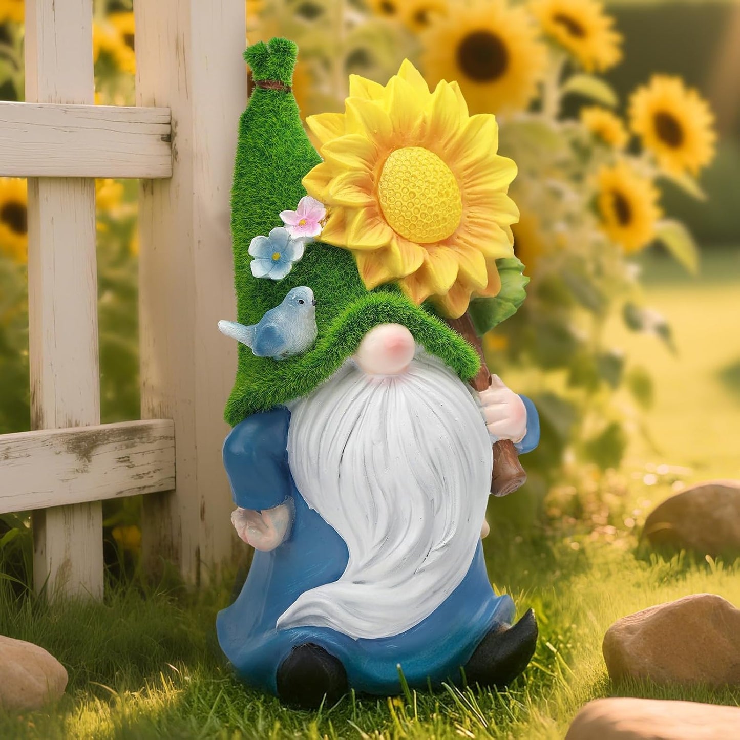 Solar Gnome with Glowing Sunflower Light,Weatherproof Resin Garden Figurine Decor Auto On/Off - Fairytale Statue Gift for Patio,Yard & Gifts