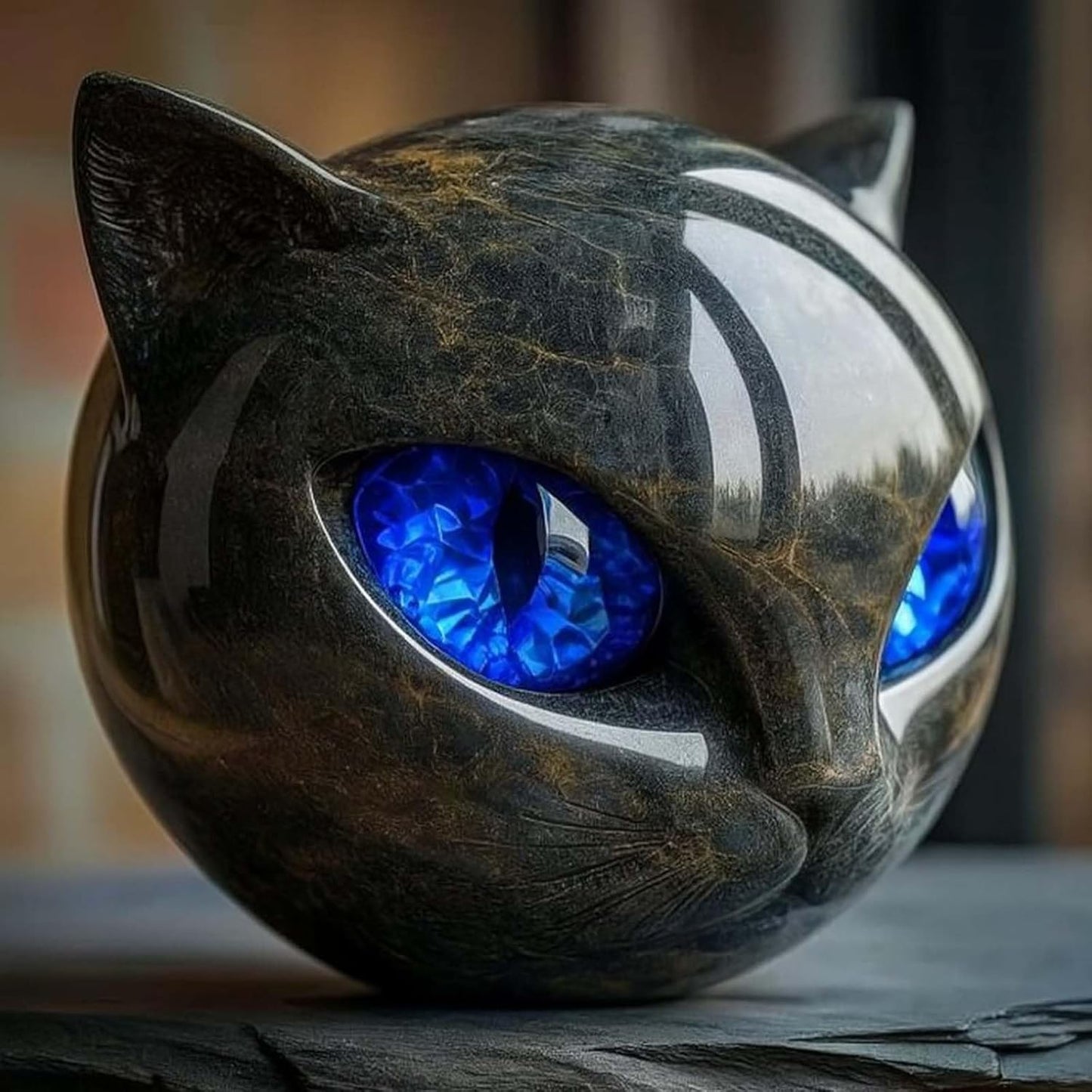 Luxury Black Cat Stone Sculpture Handcrafted Marble Look Resin Statue with Amber Eyes Elegant Home Decor & Gift-Ready Art Piece Figurine Carved Healing Gifts for Cat Lovers (Blue Eyes)