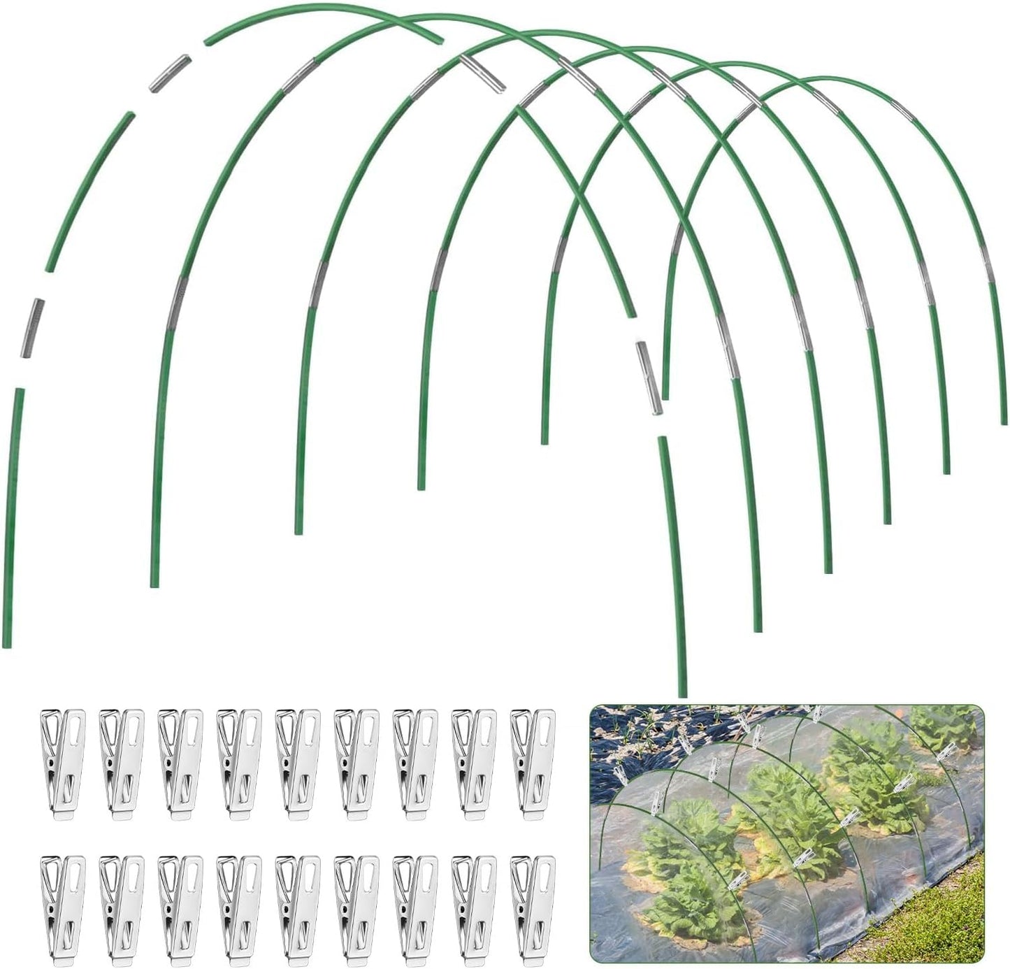 Garden Hoops 7ft Grow Tunnel, 30pcs Greenhouse Support Hoops Rust-Free Frame for Garden Netting Raised Beds Row Cover Fabric, 6 Set DIY Fiberglass for 3 & 4 Ft Wide, 18pcs Clips