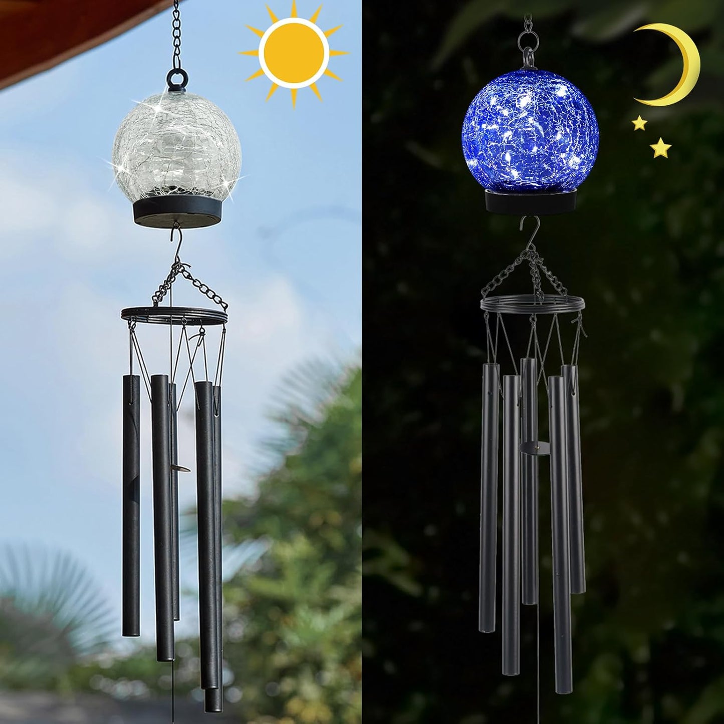 Garden Wind Chimes Outdoor, Solar Hanging Glass Ball Wind Chimes with 15 Blue LEDs 42 Inch Large with Unique Memorial Sympathy Wind Chime Outside Garden Decor as a Gift for Patio, Porch, Balcony