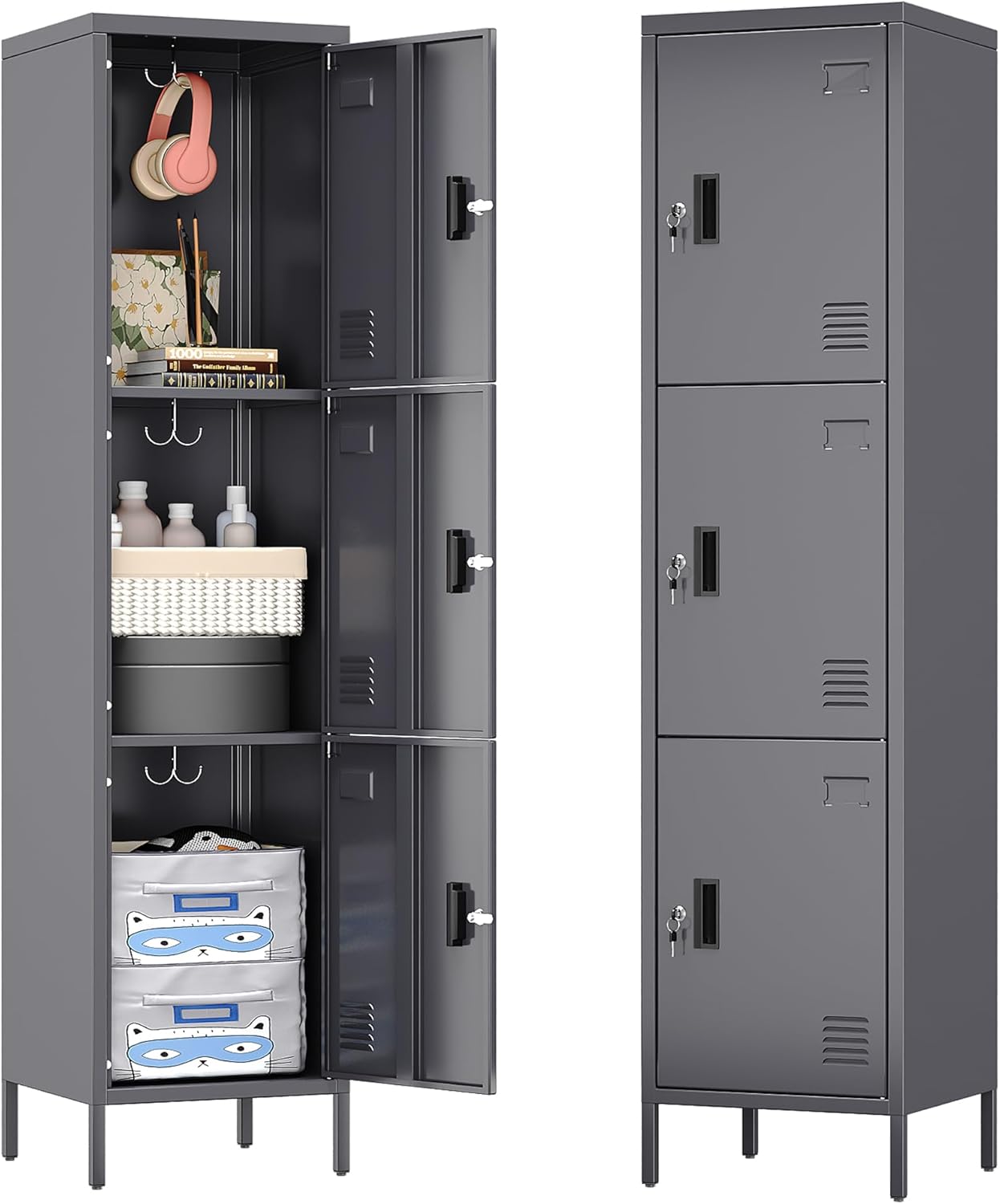 Metal Locker with Hooks and Ventilation Holes,Metal Storage Locker with Keys and Business Card Slot for Home,Gym,Garage,School,Office,66" H×15.75" W× 15.75" D,Assembly Required,Dark Grey