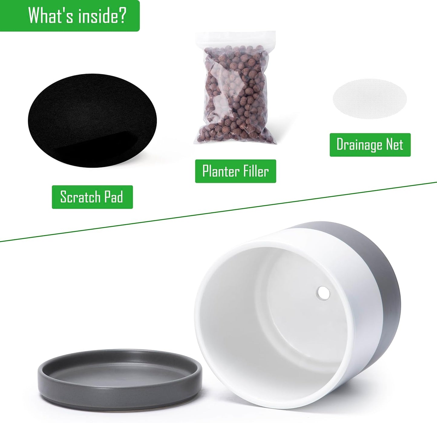 D'vine Dev 8.2 Inch Ceramic Planter Pot with Drainage Hole and Saucer, Indoor Cylinder Round Planter Pot, White/Speckled Grey, 94-O-D-6