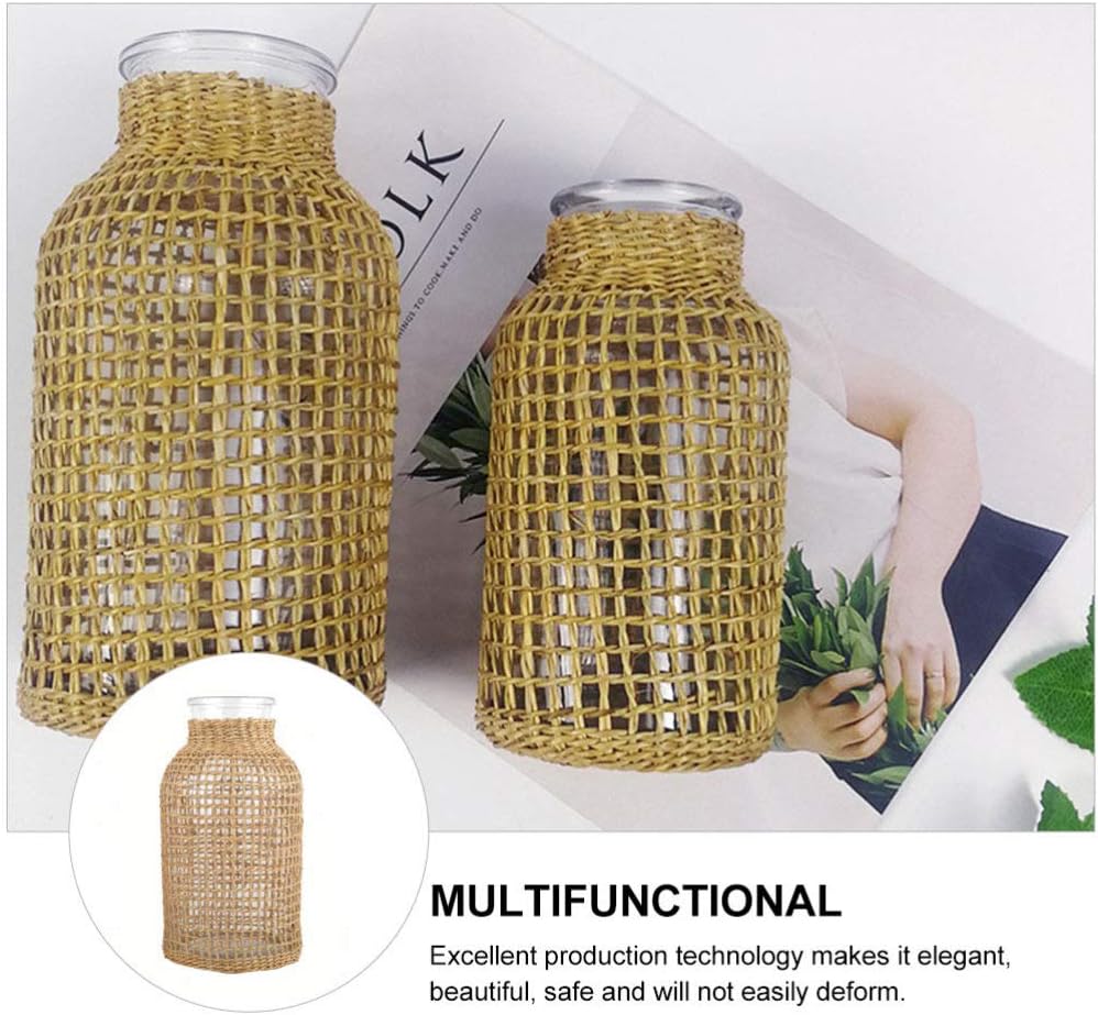 DOITOOL Glass Flower Vase with Rattan Cover, Round Decorative Flower Vase Woven Seagrass Vase Farmhouse Vase Floral Container for Floral Arrangement Table Centerpiece Decor (Size S)